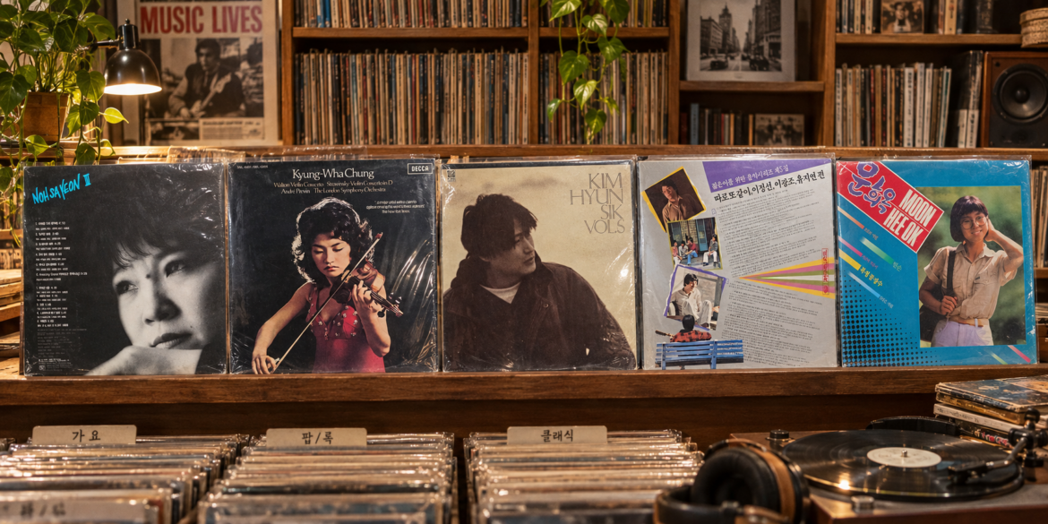 Vintage Korean LP records displayed in a record shop