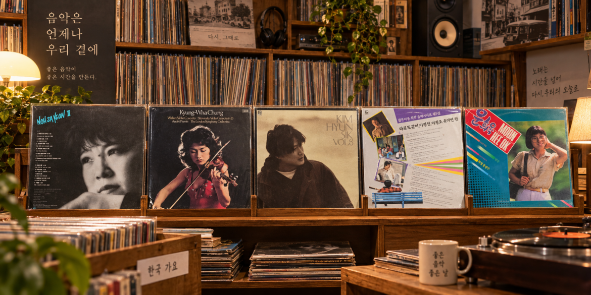Vintage Korean LP albums displayed against record shelves