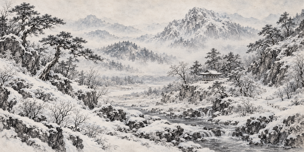 Snow-covered Korean mountain landscape with pavilion