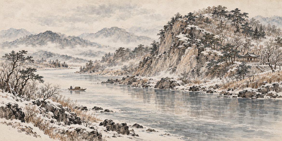 Winter Korean mountain and river landscape