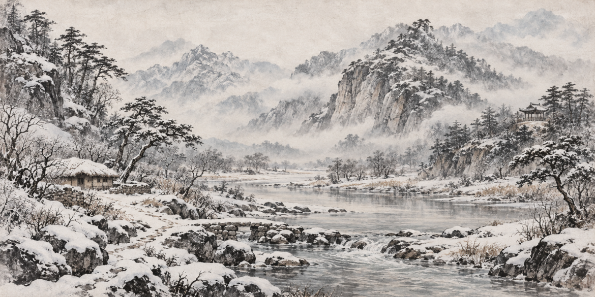 Snowy Korean landscape with mountains river and pavilion